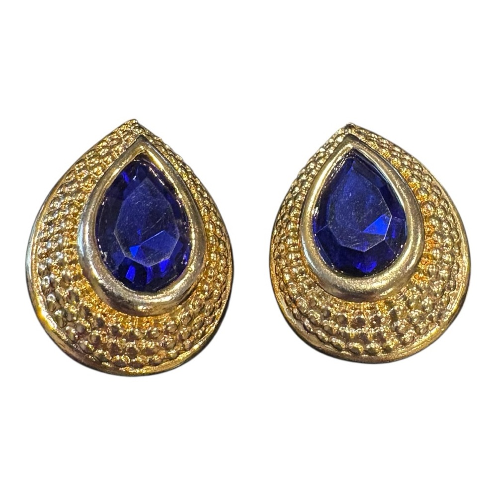Vintage Gold & Sapphire-Blue Teardrop Clip-On Earrings JB8